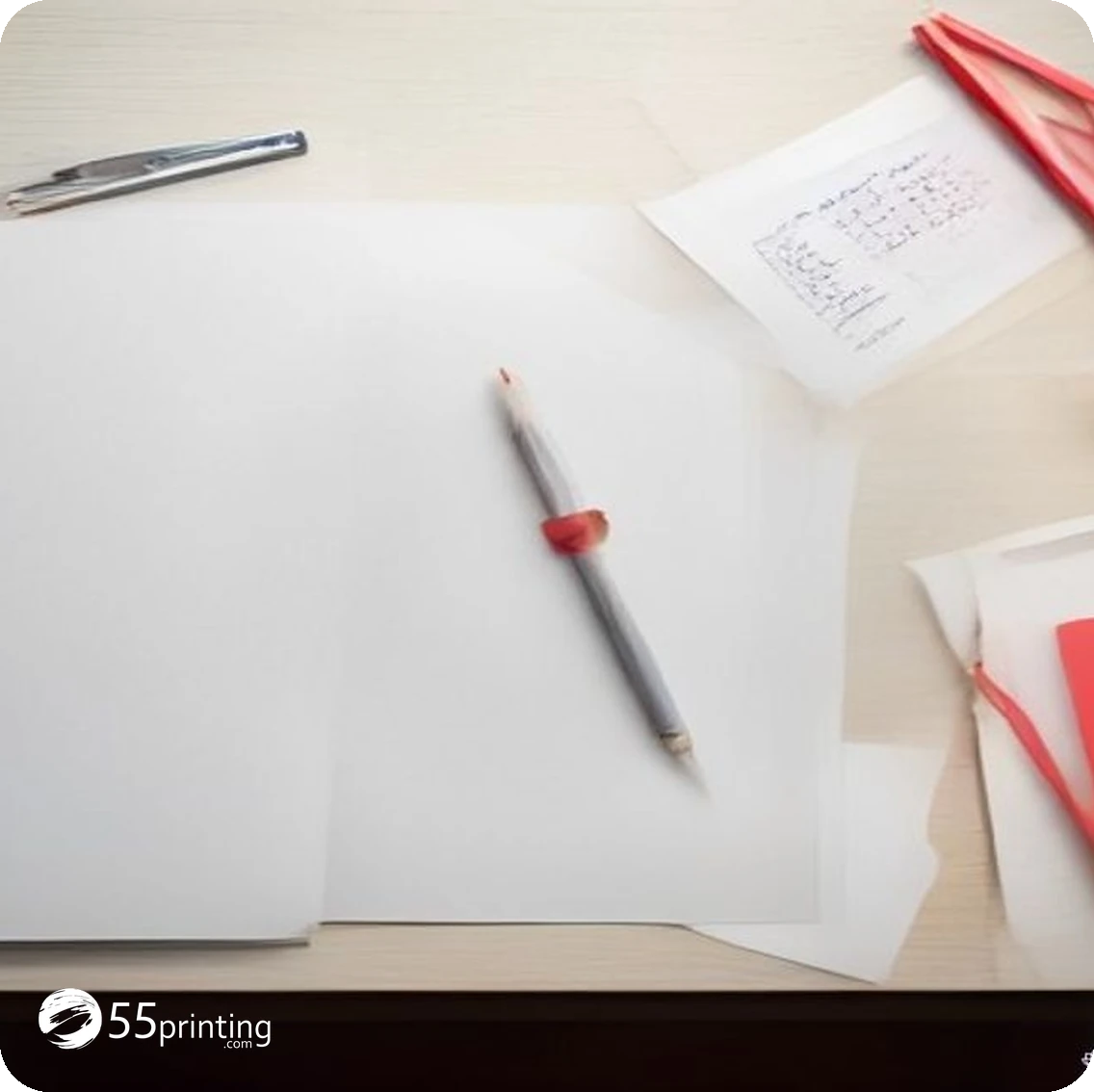 Printed flyer and business cards on a desk with a pencil for checking copy before printing