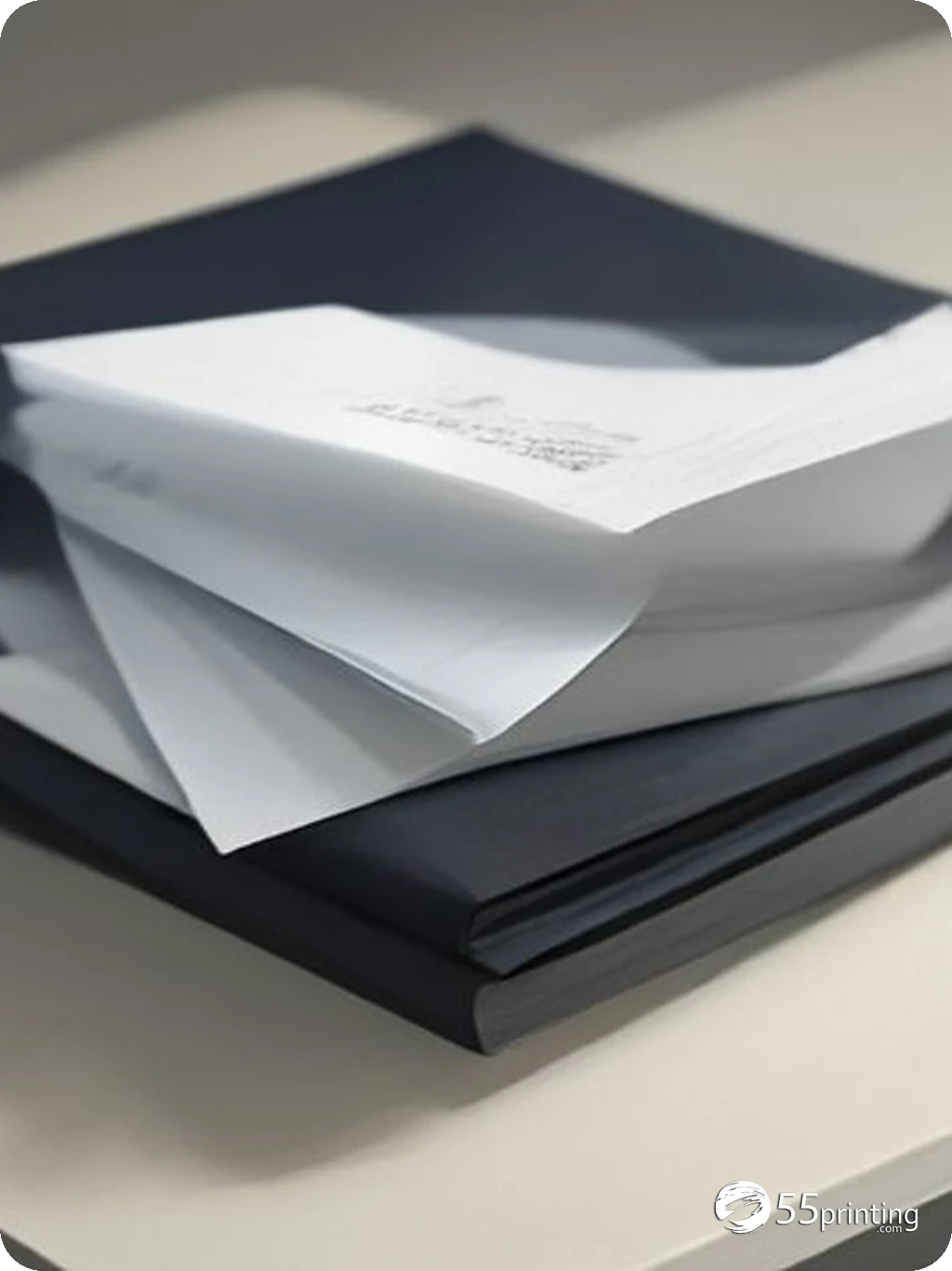 Stack of freshly printed business cards and a brochure ready for print