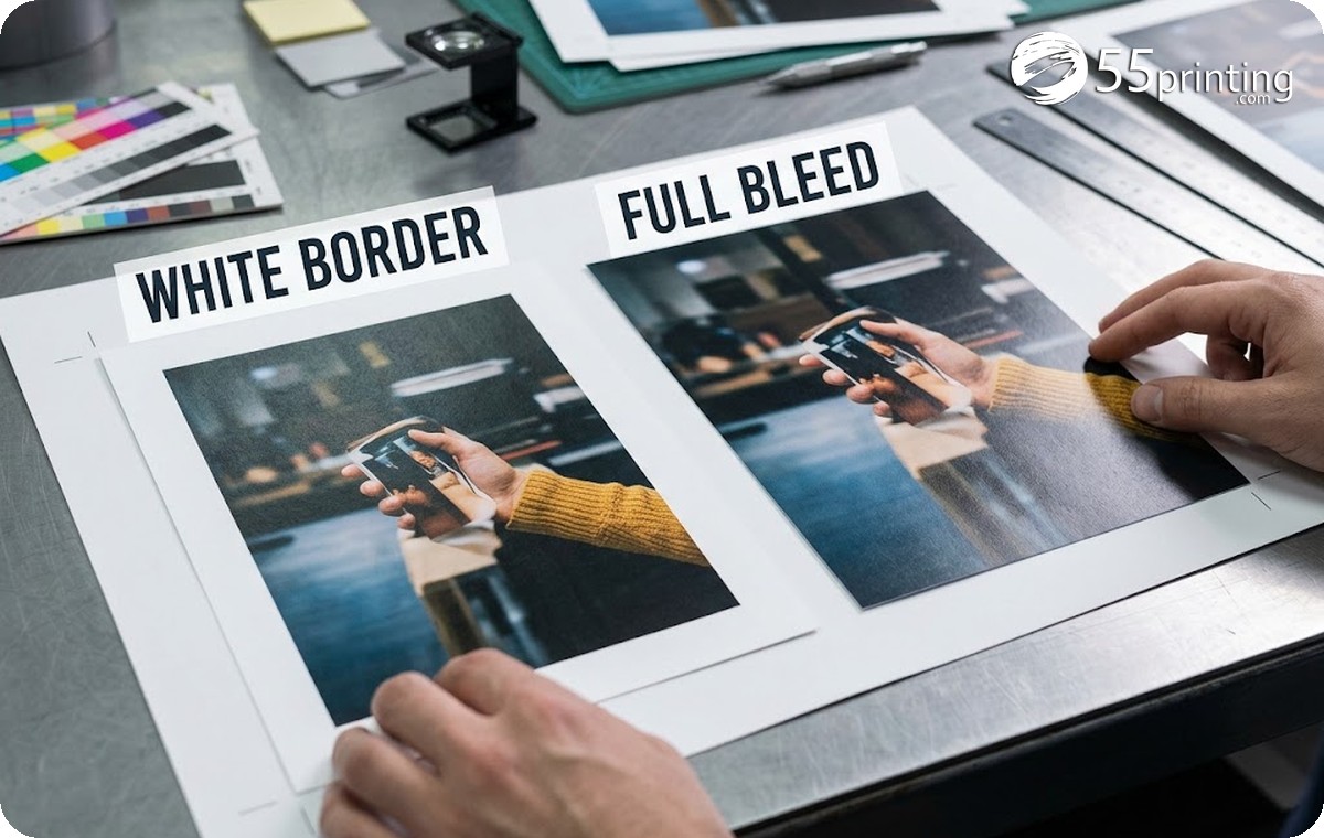White border print compared with a full bleed print edge
