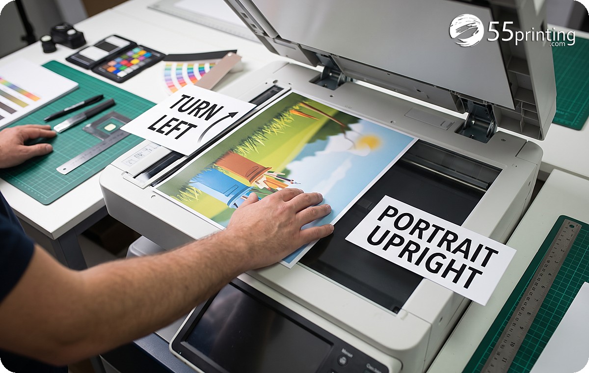 Portrait PDF page rotating left onto a landscape print sheet