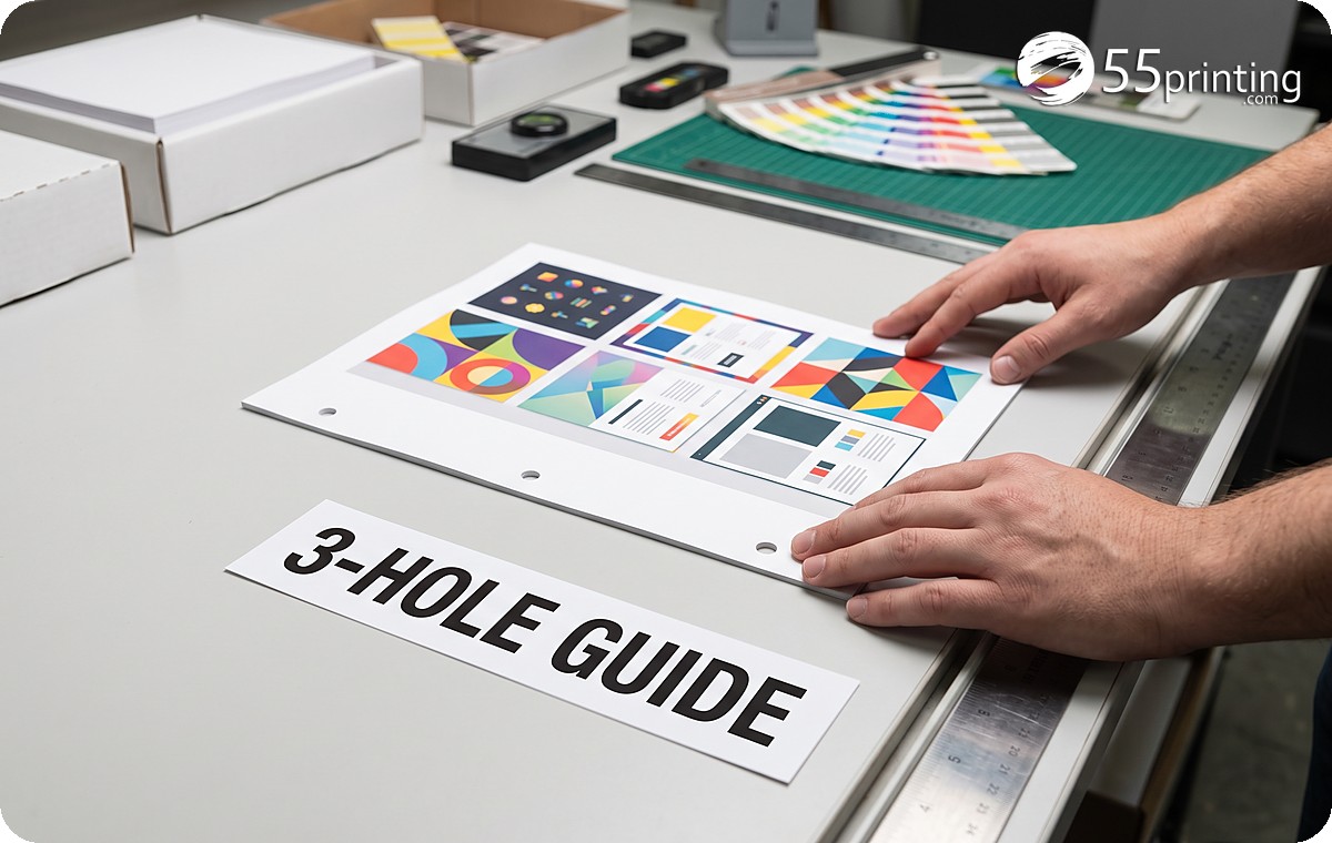 Printed three-hole planning guide beside a binder punch