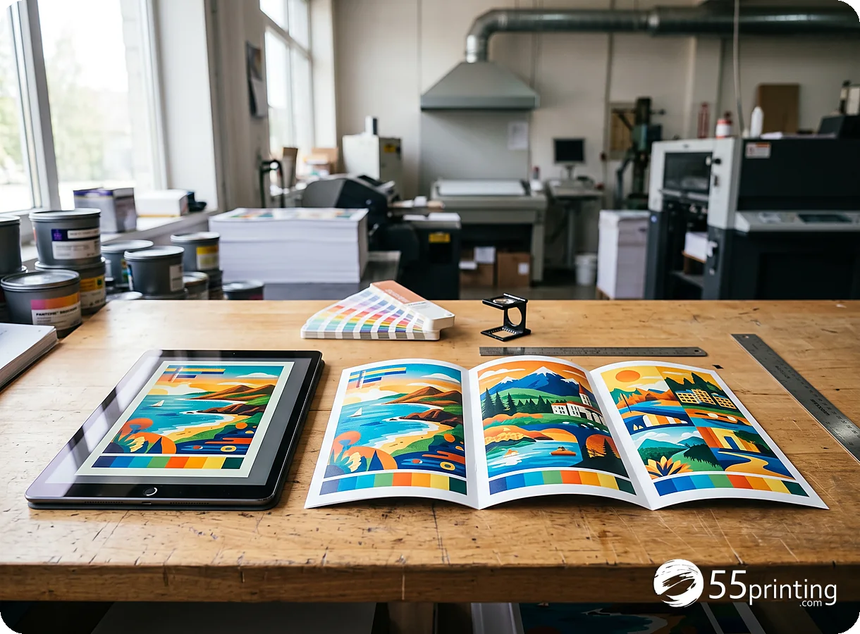 Una tableta con una página de folleto junto a tres páginas impresas del mismo diseño
