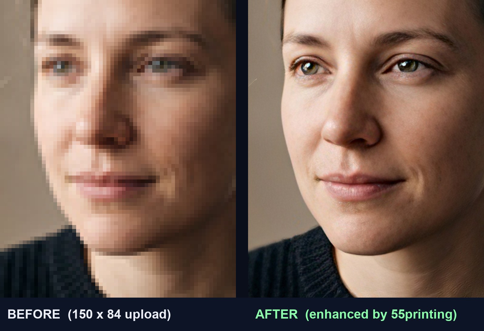 A pixelated face from a 150 by 84 pixel photo on the left and the rebuilt face with sharp eyes and lashes on the right