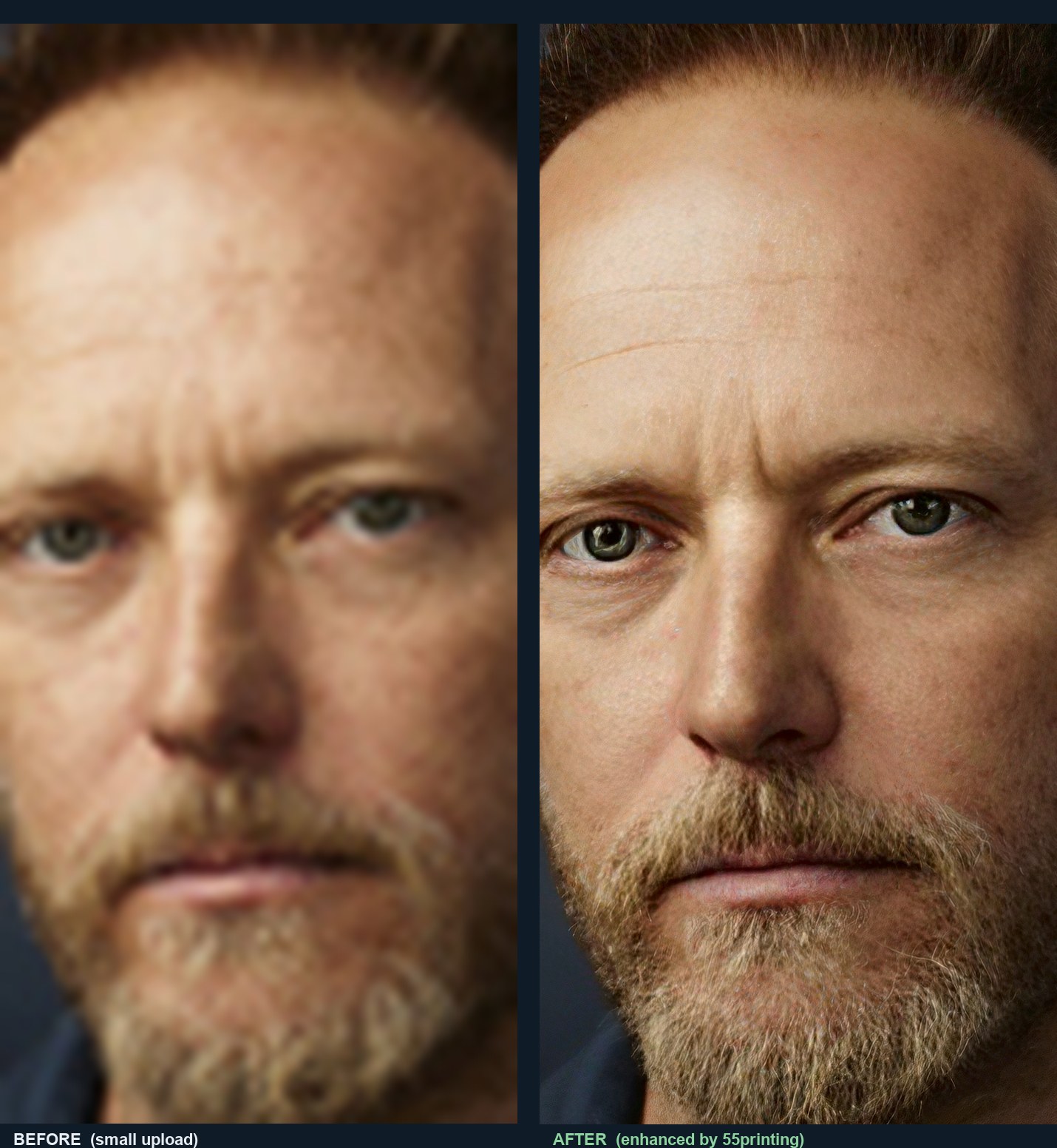 A blurry face from a 100 pixel photo on the left and the same face rebuilt with sharp eyes, skin, and beard on the right