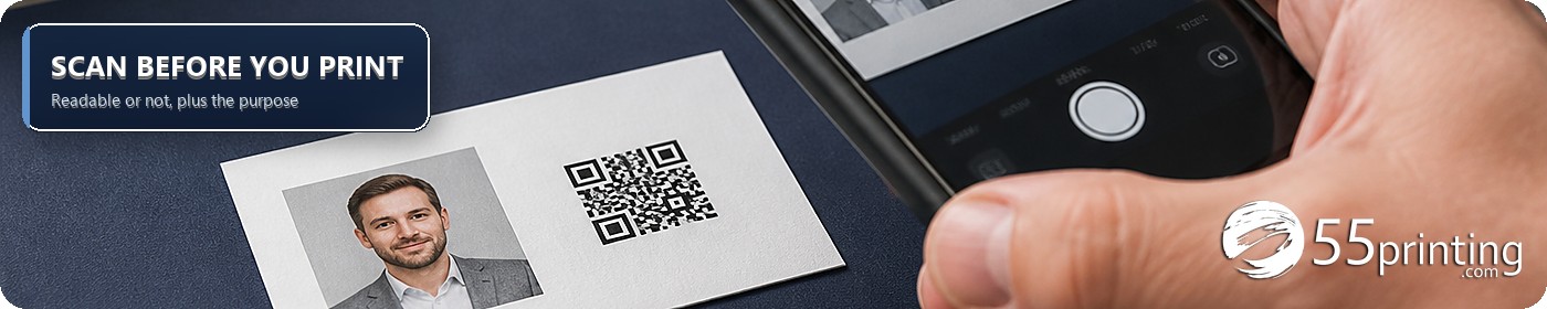 Phone scanning a printed QR code on a 55printing business card