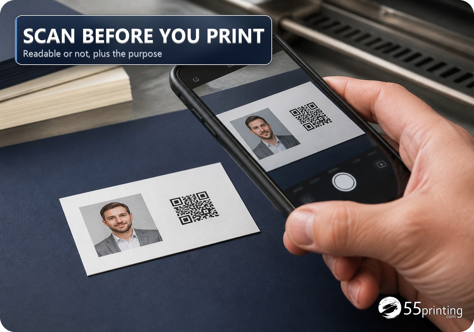 Phone scanning a printed business-card QR to confirm the code is real before press