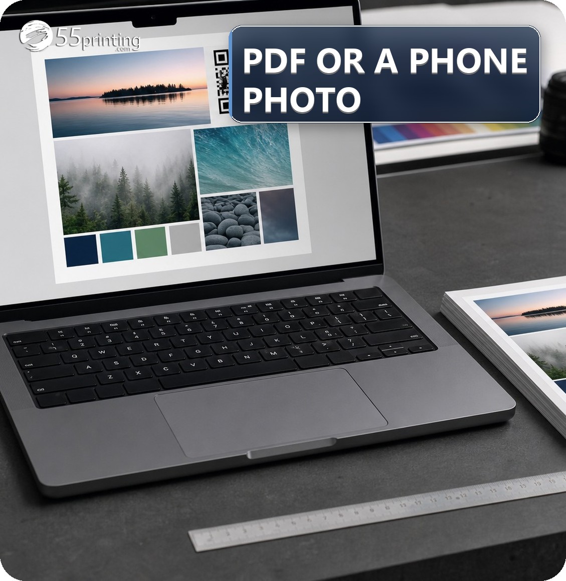 Print shop desk reviewing a flyer PDF on screen next to a phone ready to scan the QR