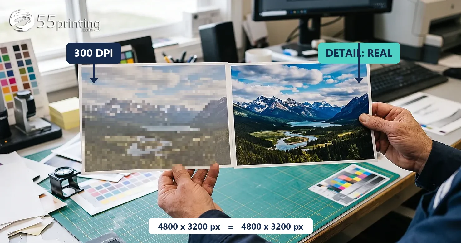 Magnifying loupe over a print comparing crisp real detail edges with soft stretched pixel blocks