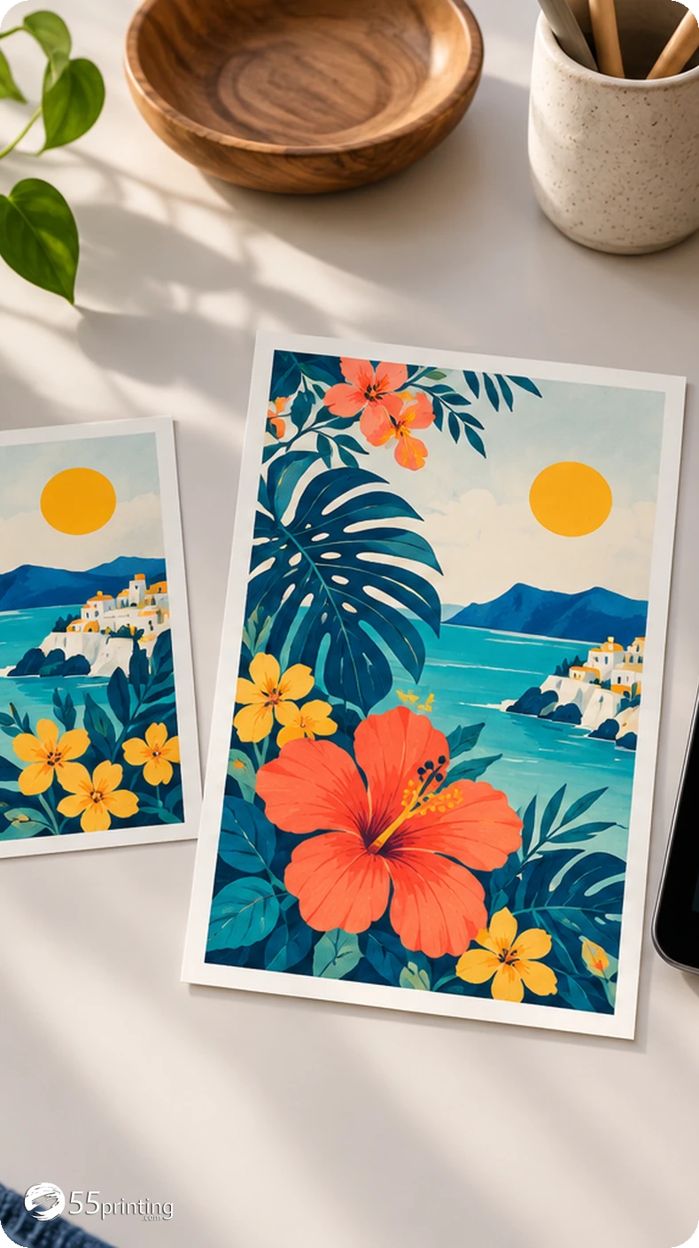 A botanical print shown before and after a quarter-turn