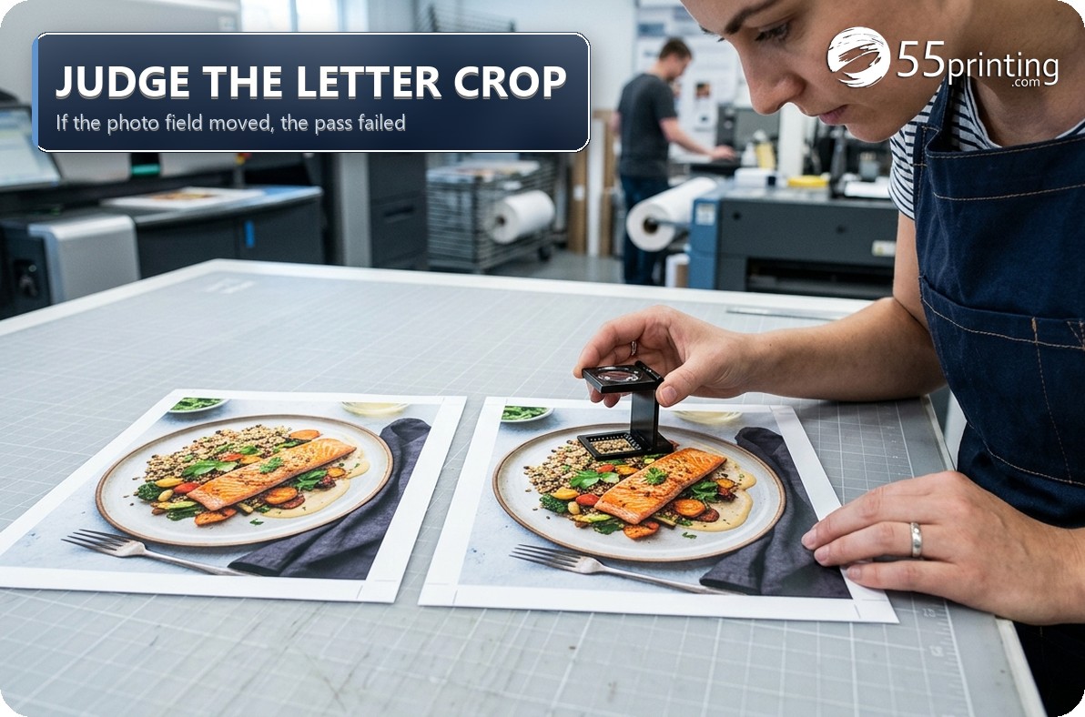 Print specialist comparing a soft headline crop with the recovered sharp letters on the same photo