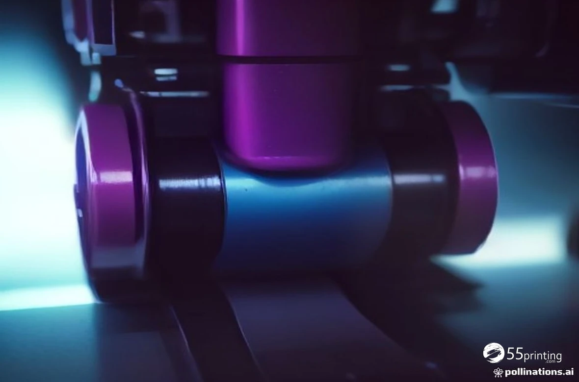 Close up of a printing press roller coating paper with glossy cyan and magenta ink