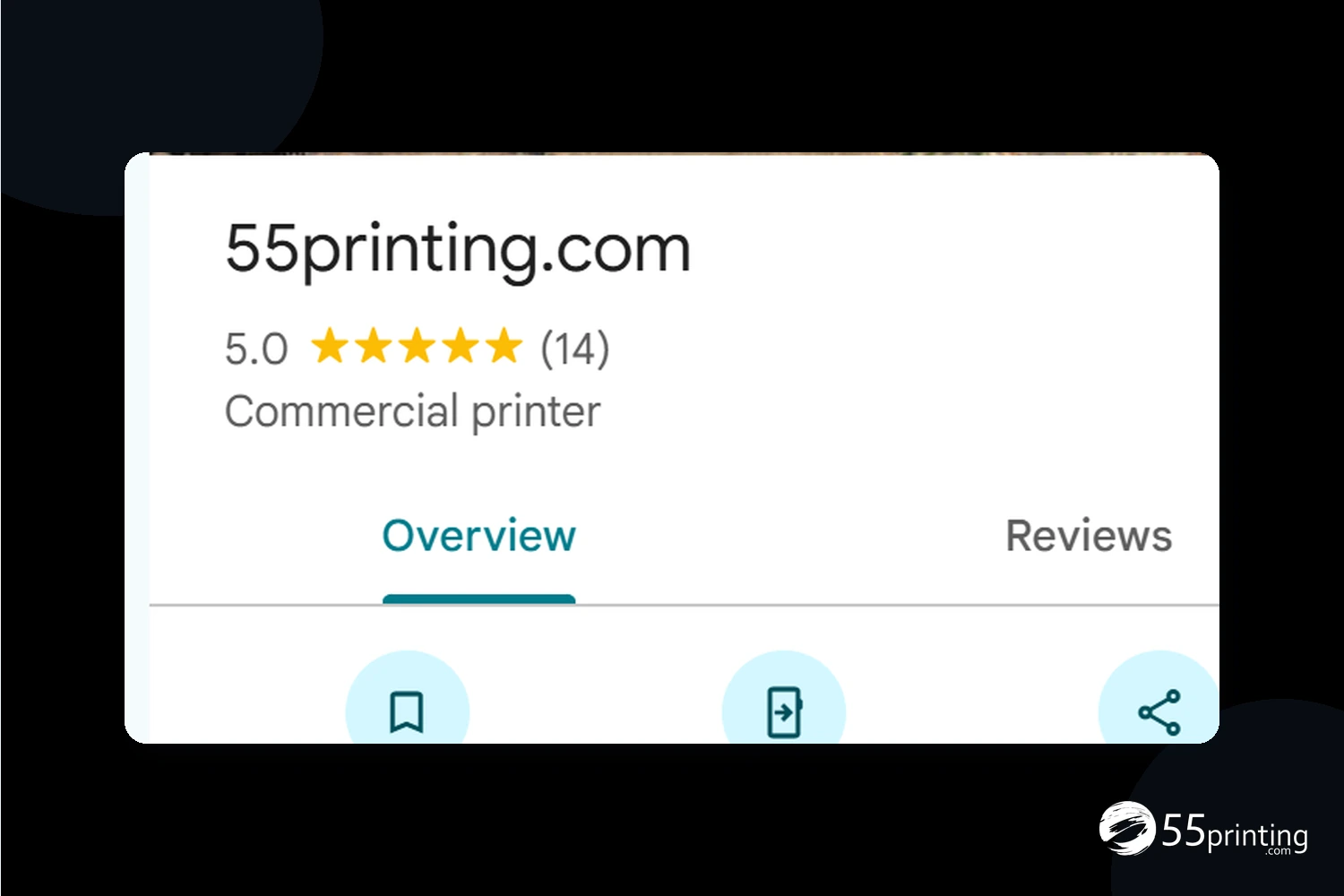 Screenshot of the 55printing.com Google Business Profile showing a perfect 5.0 star rating and 14 reviews