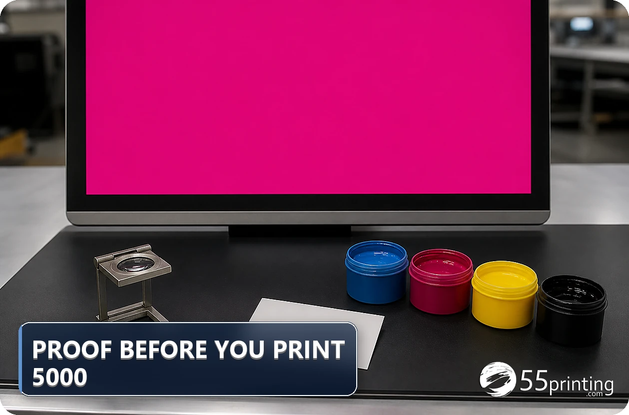Blank standard card, loupe, and CMYK ink cups on a prepress desk