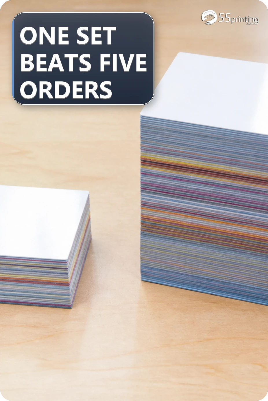 Small 1,000-card stack beside a much larger 5,000-card stack