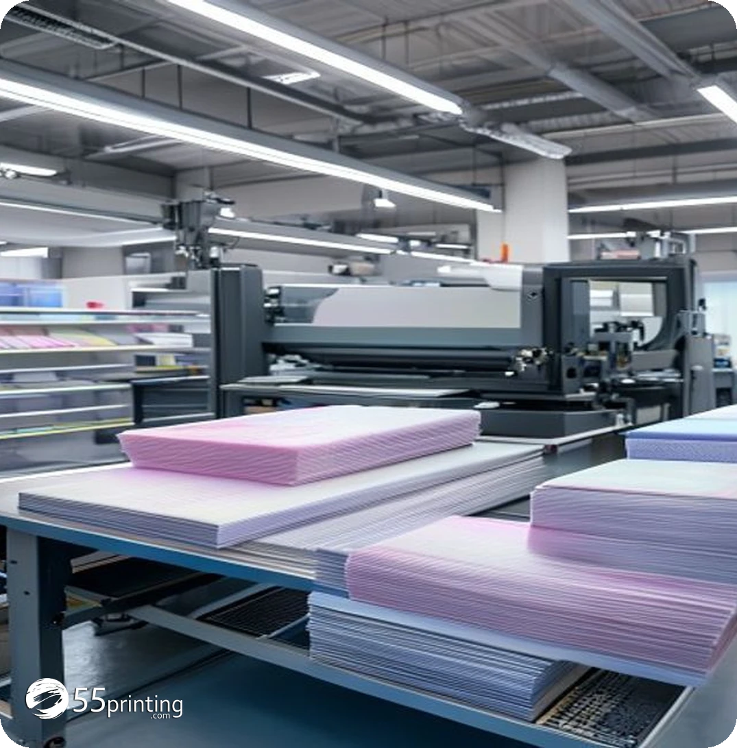 Commercial digital printing press delivering full-color flyers in a production facility