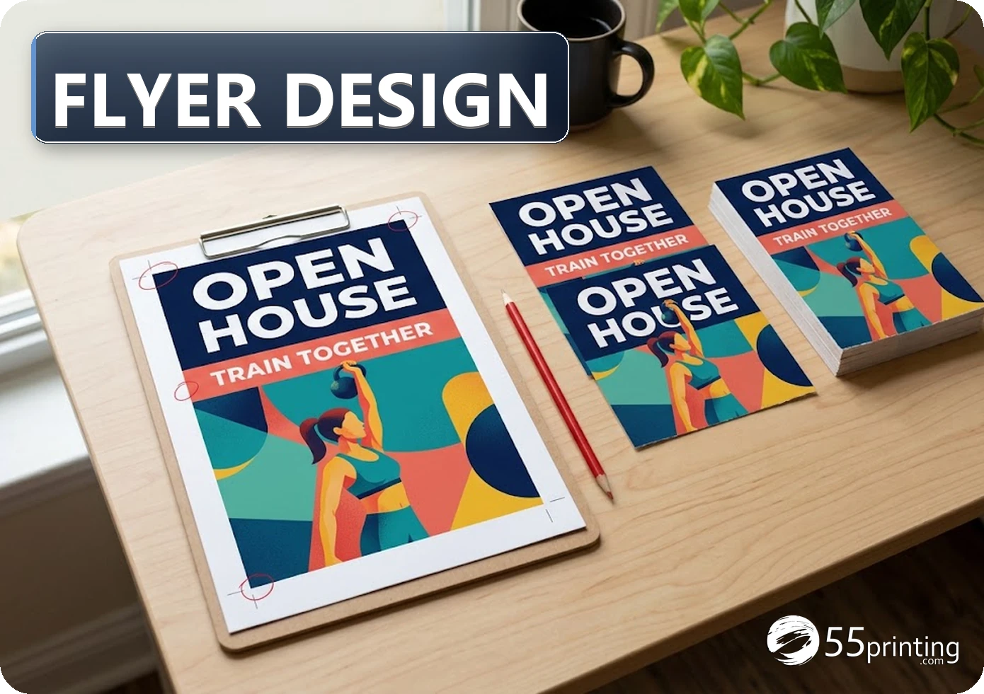 Fitness studio open-house flyer proof with review marks beside matching full-color finished handouts