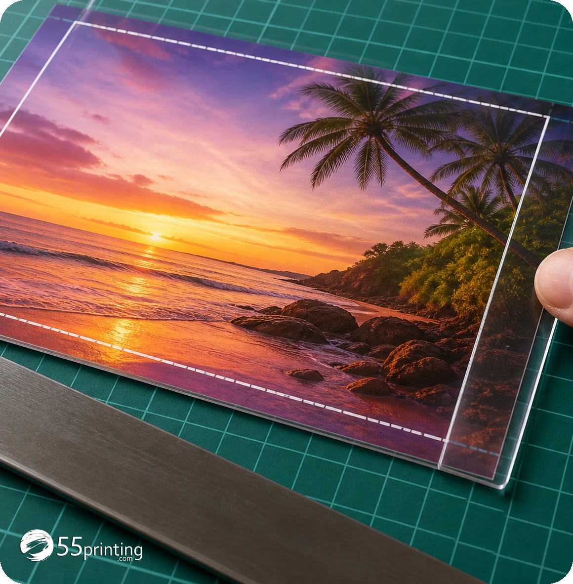 Colorful print proof checked for trim edge coverage, bleed, and safe-zone placement