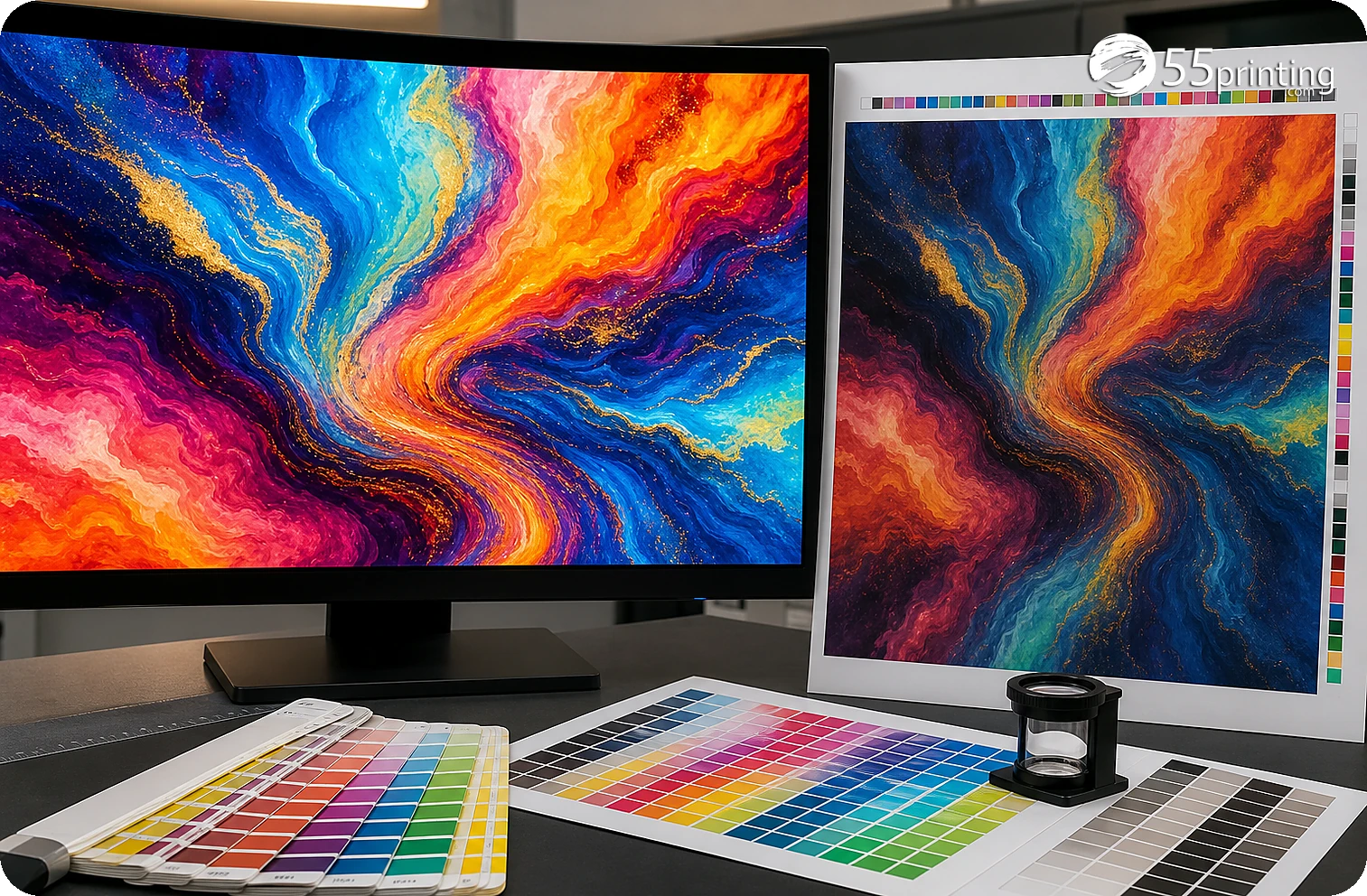 AI artwork and print proof compared for dark shadow detail, color conversion, and image sharpness