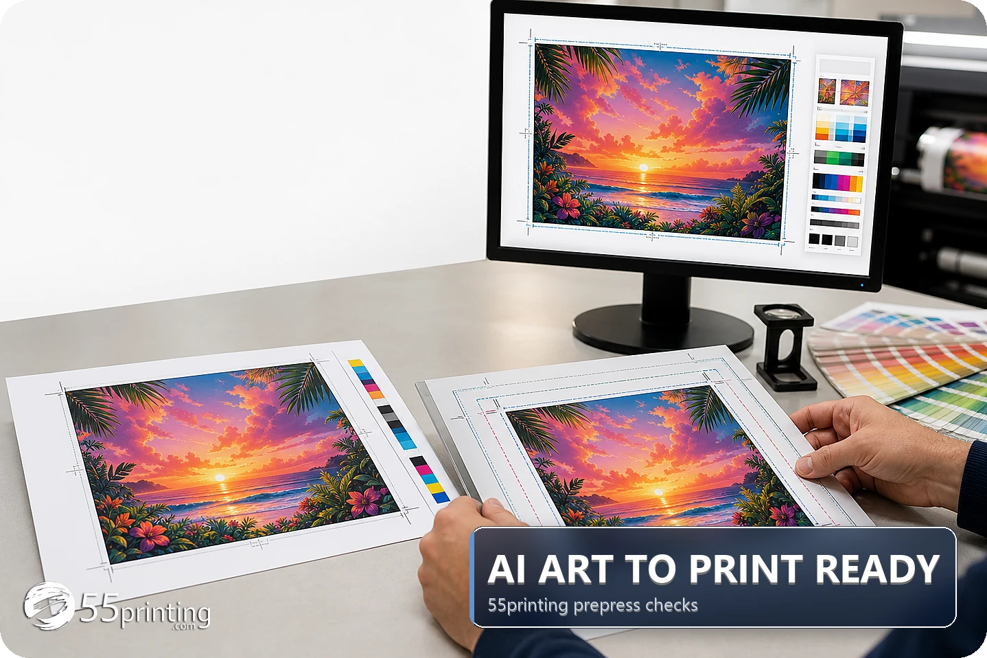 AI generated designs for printing compared with a colorful print template and PDF proof