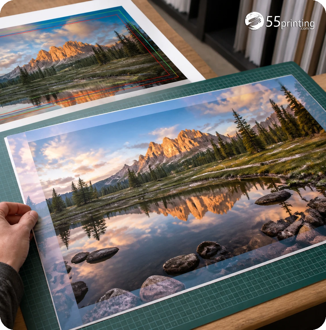 Printed image with matching extended background beyond the trim area for smart bleed