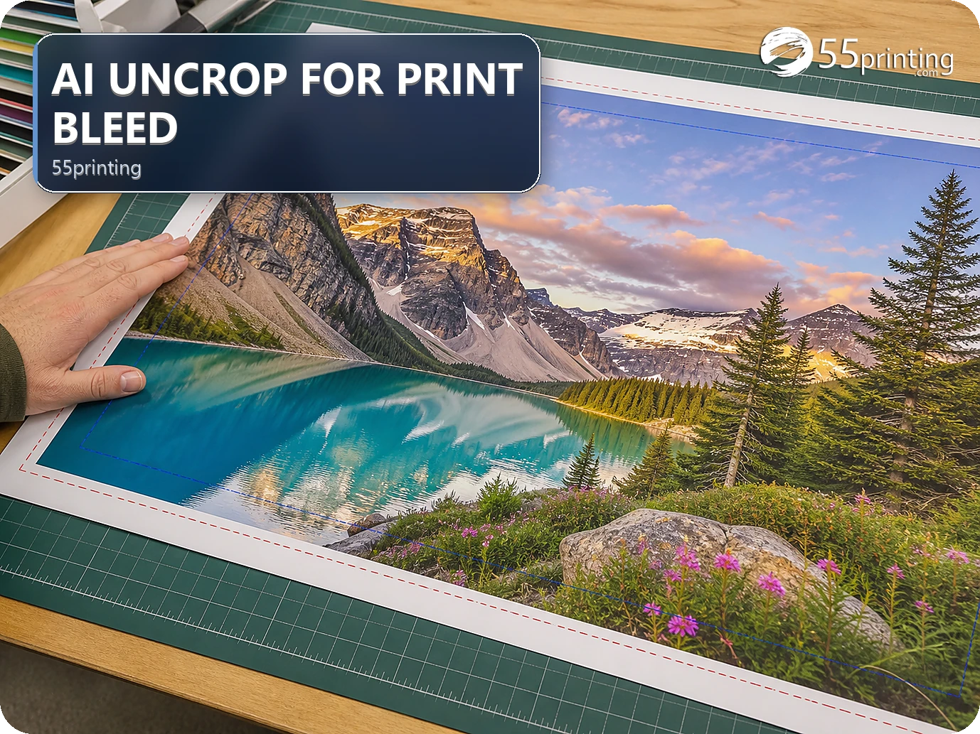 Colorful print layout with an extended background beyond trim guides