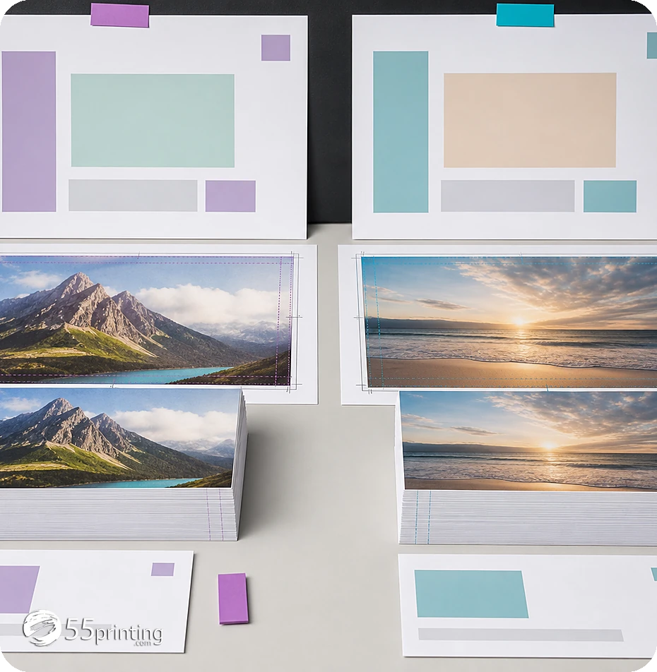 An EDDM postcard proof is checked for image extension, trim, copy, and the reserved mailing area