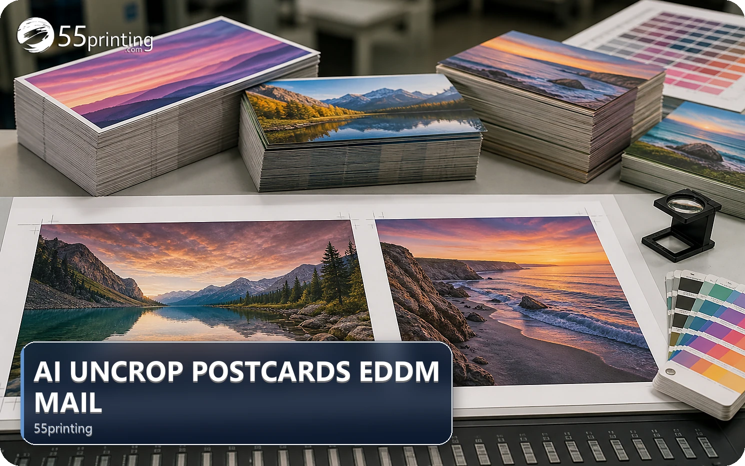 A postcard mailer is checked for image bleed, trim edges, and a reserved address area