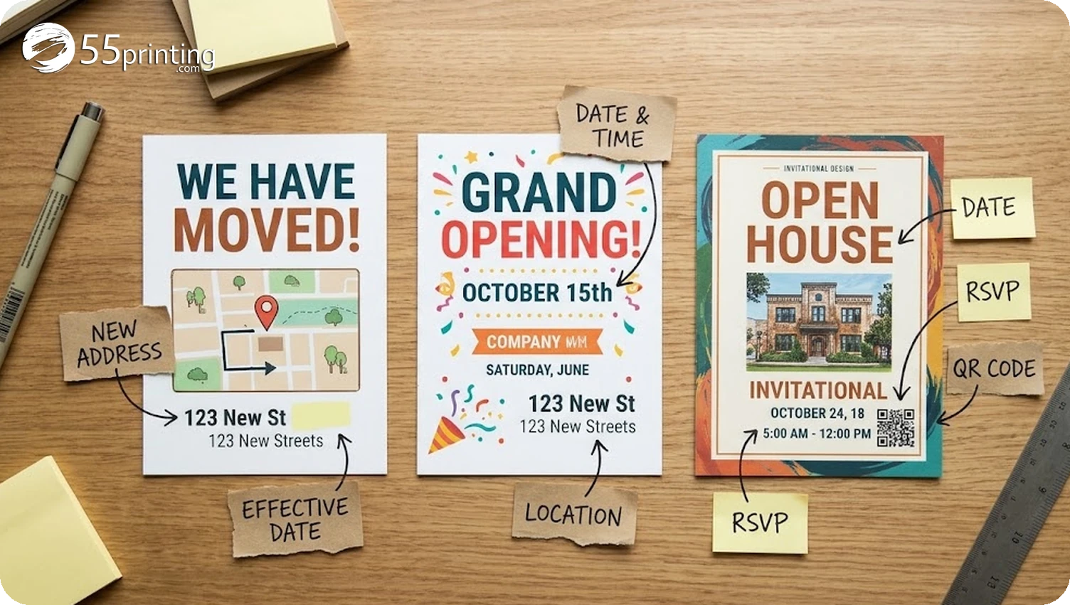 Three announcement postcards with callouts for address, date, and RSVP fields