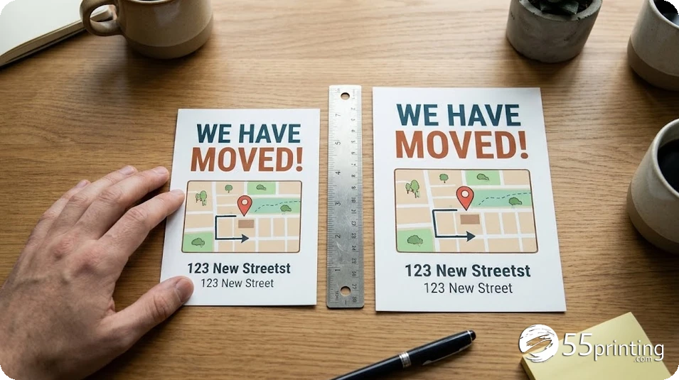 4x6 and 5x7 announcement postcards compared on a desk with a ruler