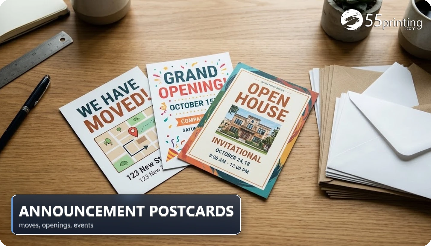Printed announcement postcards for a move, a grand opening, and an open house fanned on a desk