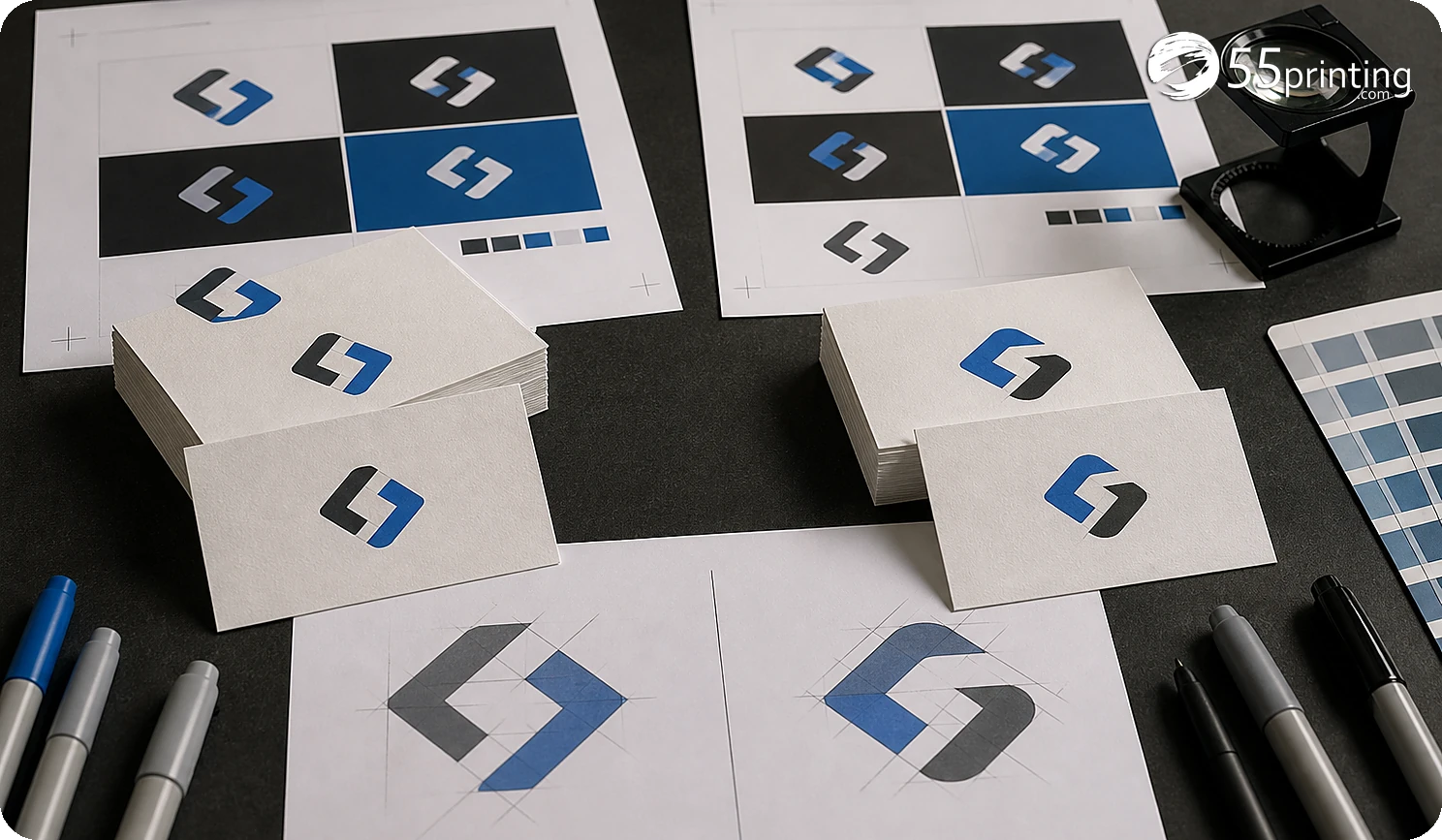 A business-card logo source is compared with an enhanced version for edge and text changes