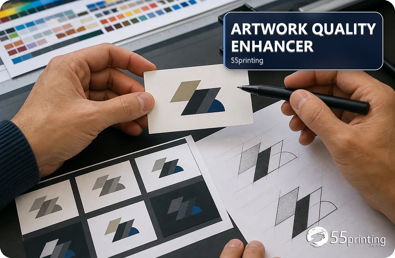A business-card logo is checked for soft edges and text detail before print handoff