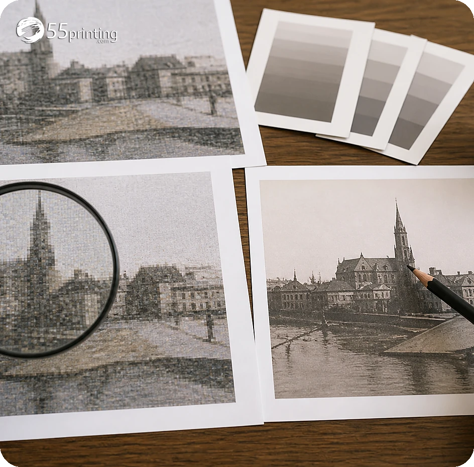A source and enhanced file are compared for pixels, edges, exact text, and logo identity