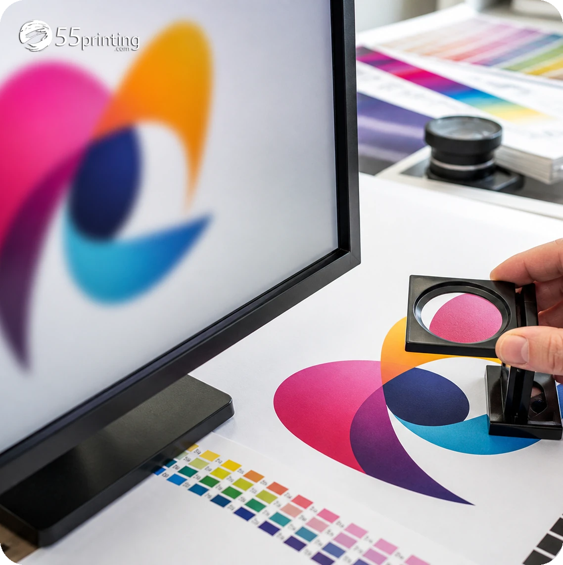 Soft abstract artwork on a monitor compared with a sharper print proof under a loupe