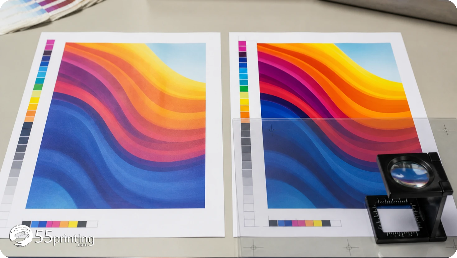 Two colorful artwork proofs compared for edge shape, color, and clarity with a loupe