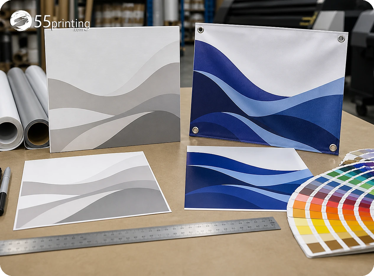 A banner proof is checked for headline readability, logo identity, crop, and safe placement