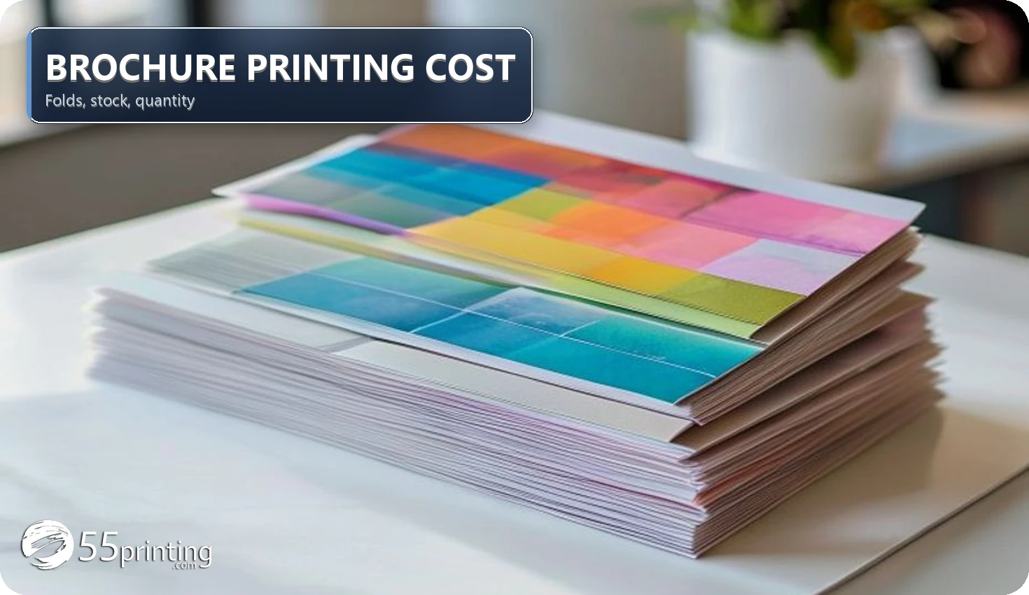 Stack of full-color trifold brochures on a reception desk