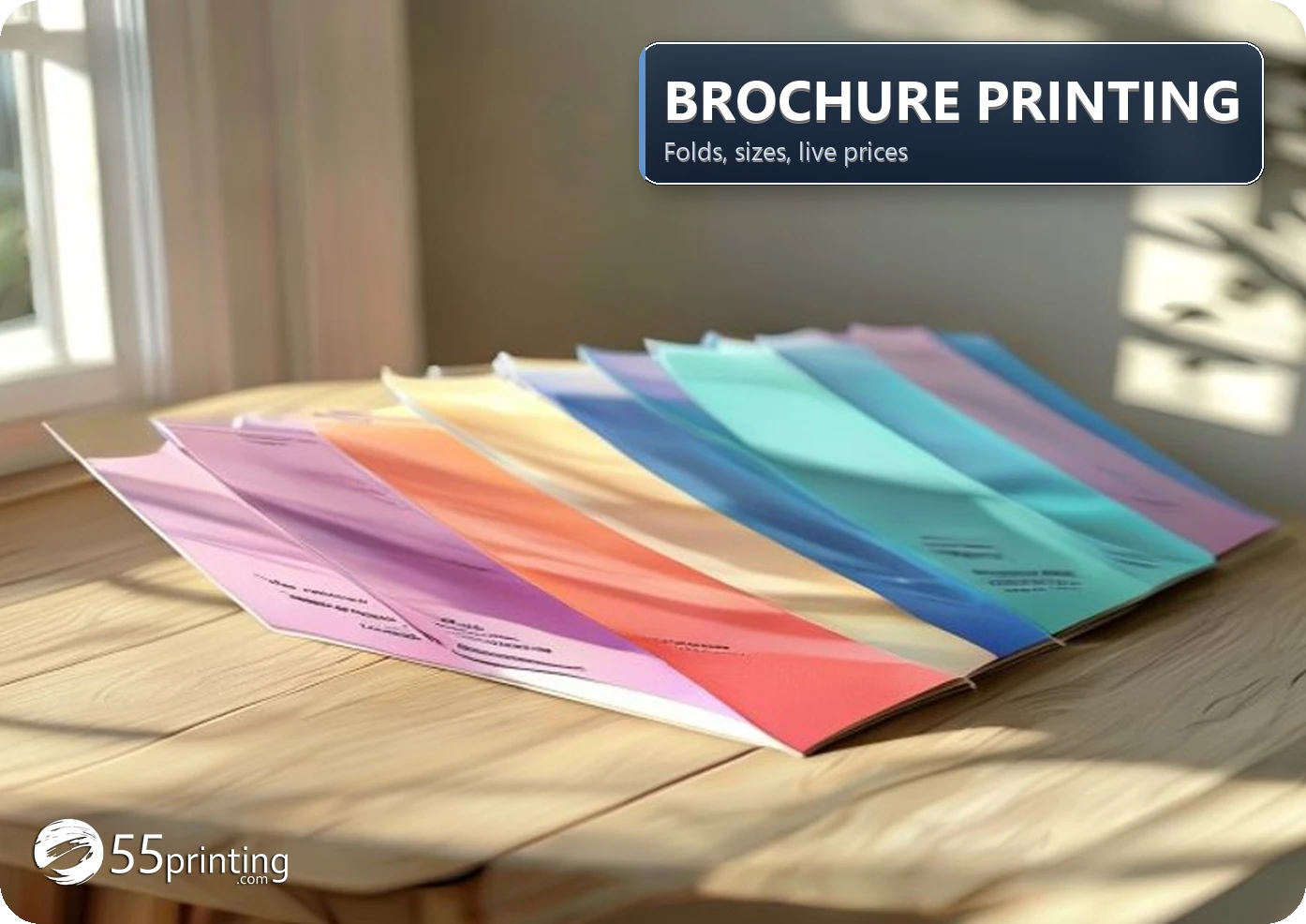 Stack of full-color trifold brochures on a print shop table