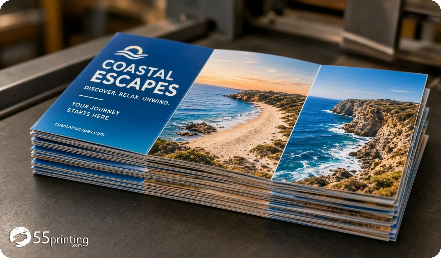 Freshly trimmed stacks of full-color glossy brochures with clean full-bleed edges
