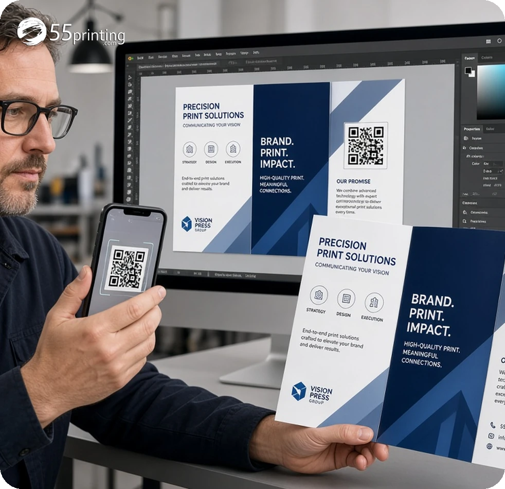 Prepress technician scanning a brochure QR code in front of a high-resolution proof screen