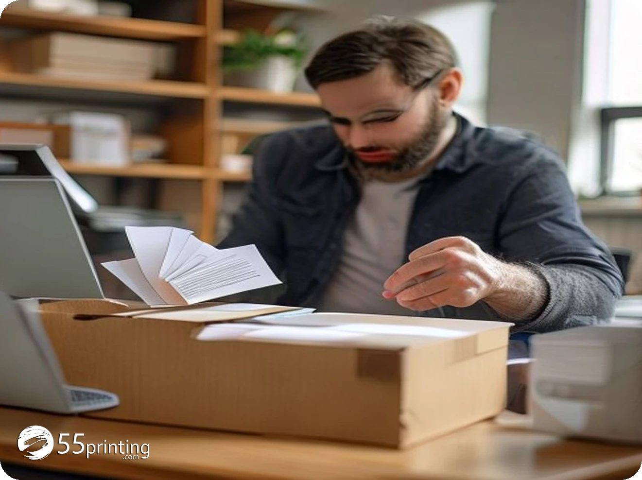 Small business owner reviewing freshly delivered printed business cards and flyers