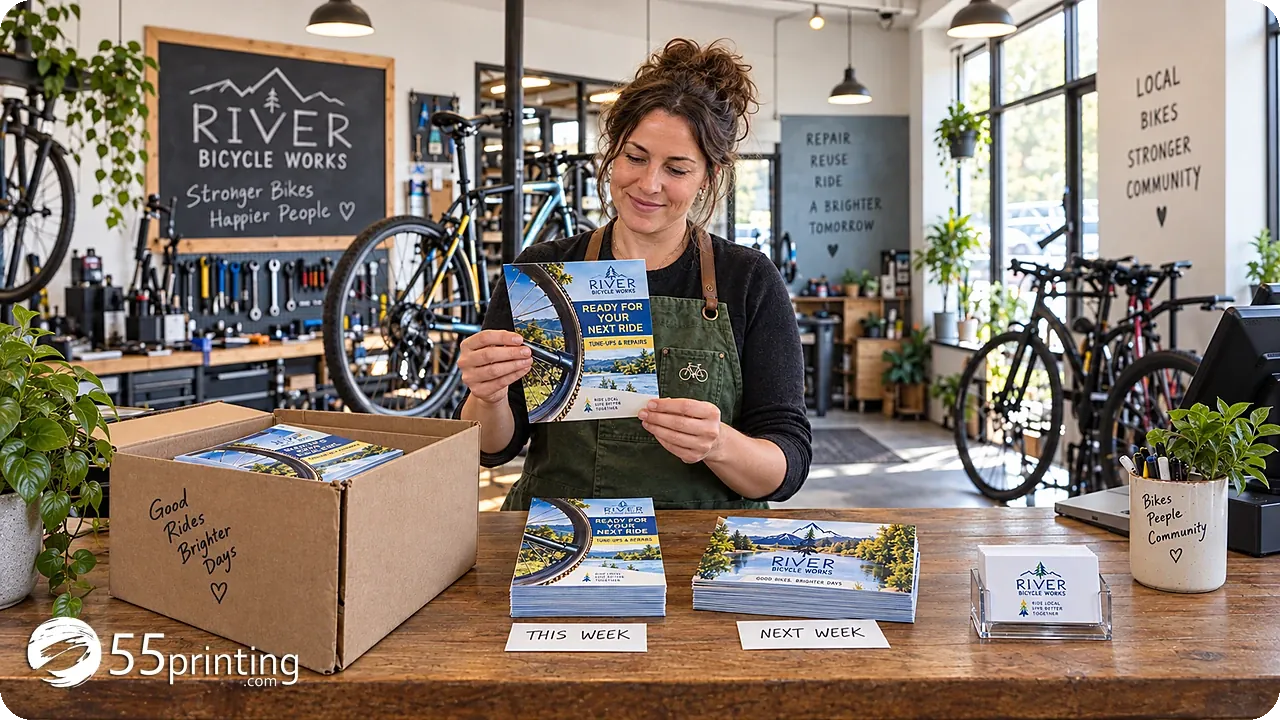Bicycle-shop owner checks full-color flyers and separates printed marketing pieces for this week and next week