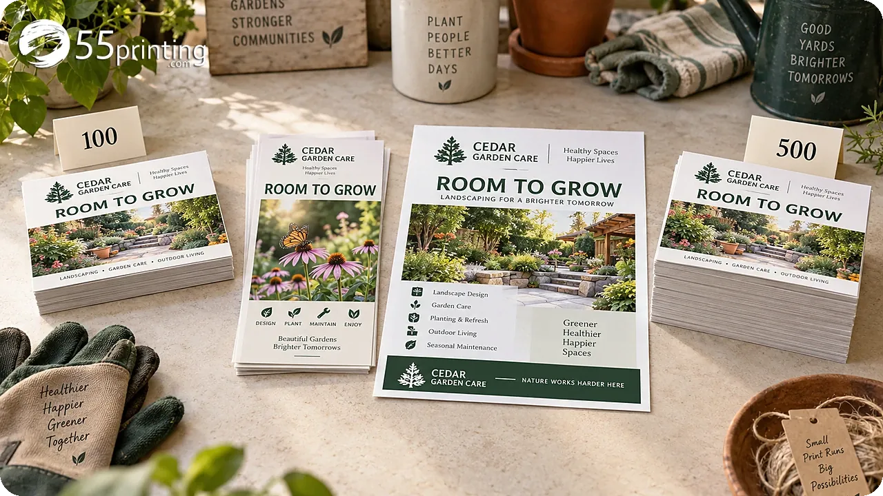 Garden-care flyers, postcards and color service sheets beside illustrative 100 and 500 run labels