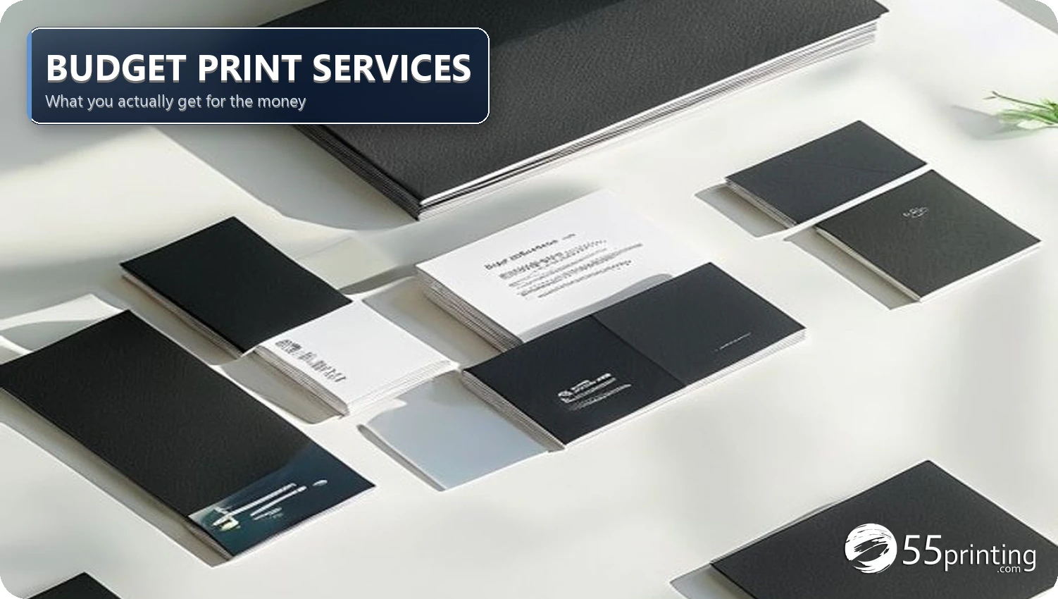 Overhead flat-lay of printed business cards, flyers, and postcards on a clean white desk