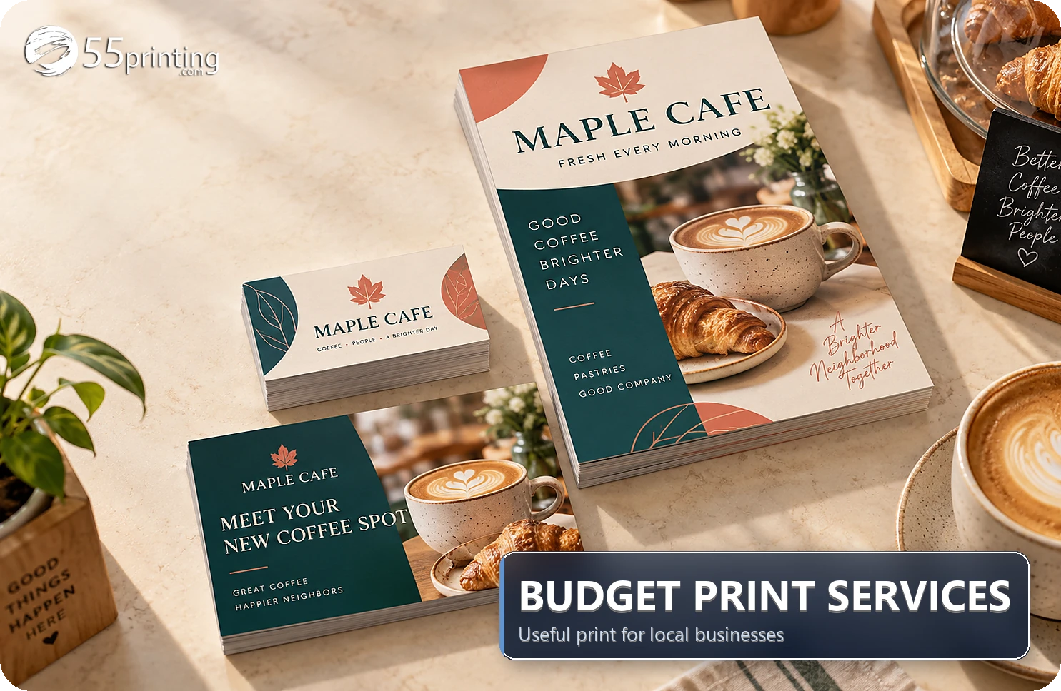 Budget-friendly print services: coordinated cafe flyers, postcards and business cards in full color