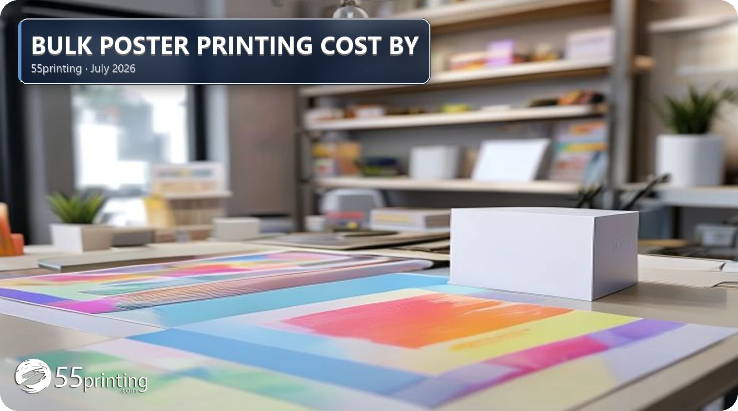 Stacks of bulk color posters in multiple sizes on a warehouse table