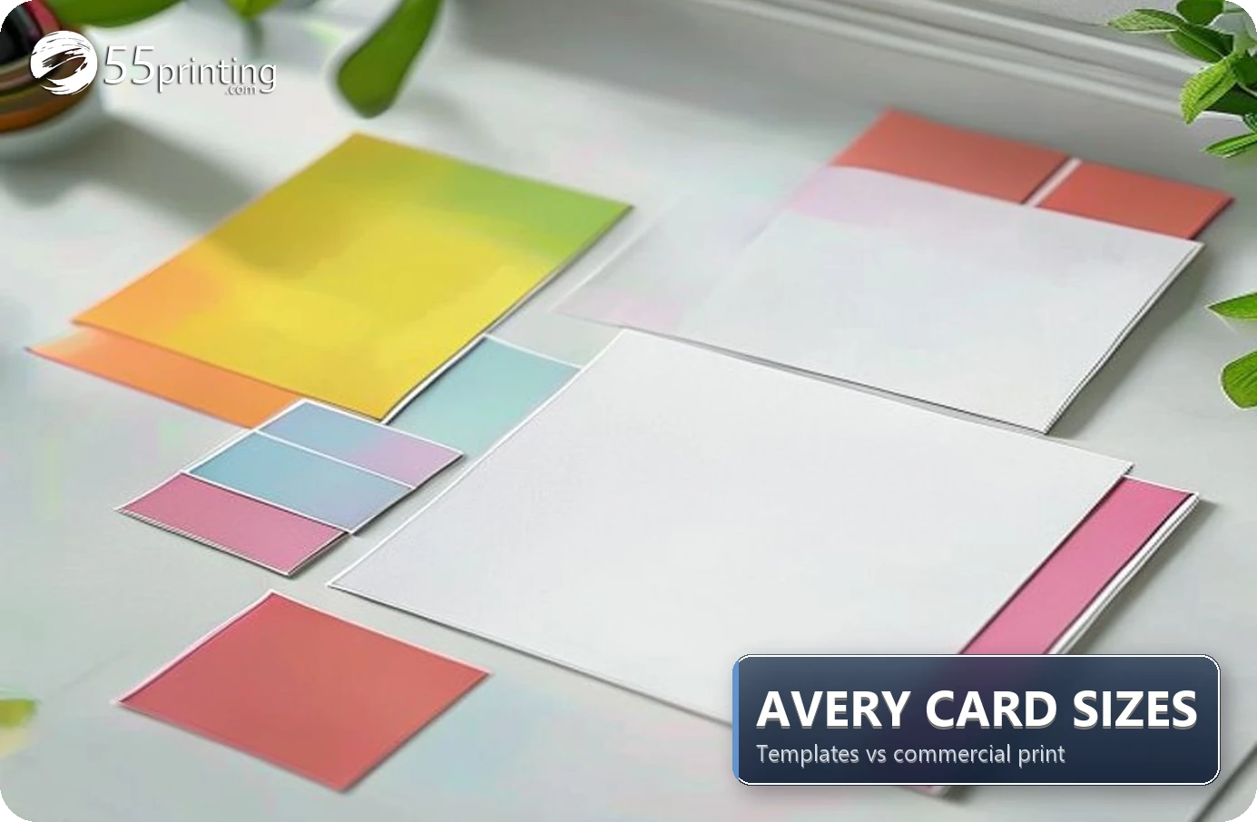 Business card sized prints arranged as a template grid on a desk