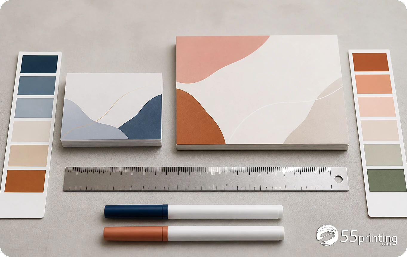 A business-card and postcard proof are compared for hierarchy, crop, safe zones, and brand identity