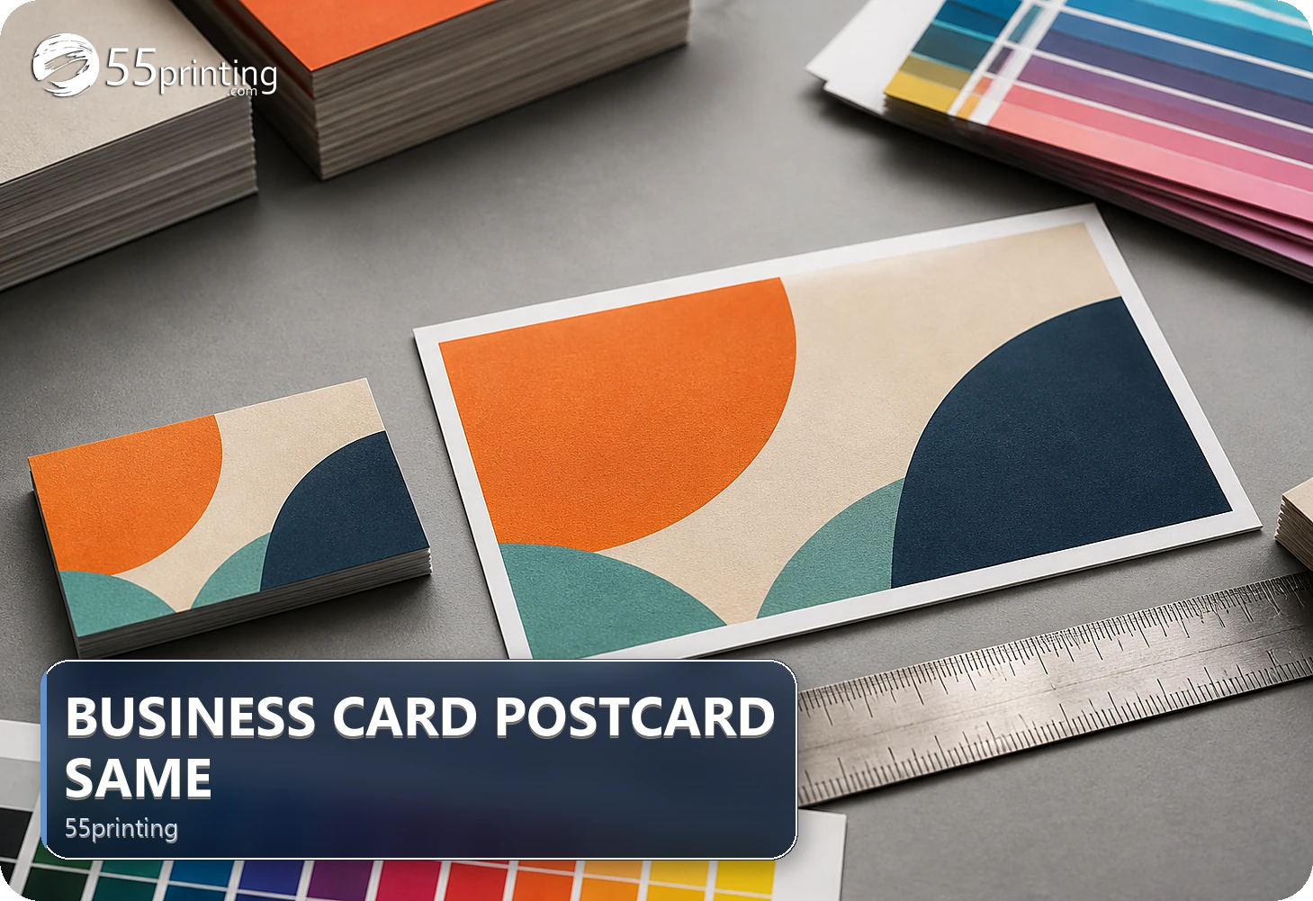 A business card and postcard share brand elements but use different canvas decisions