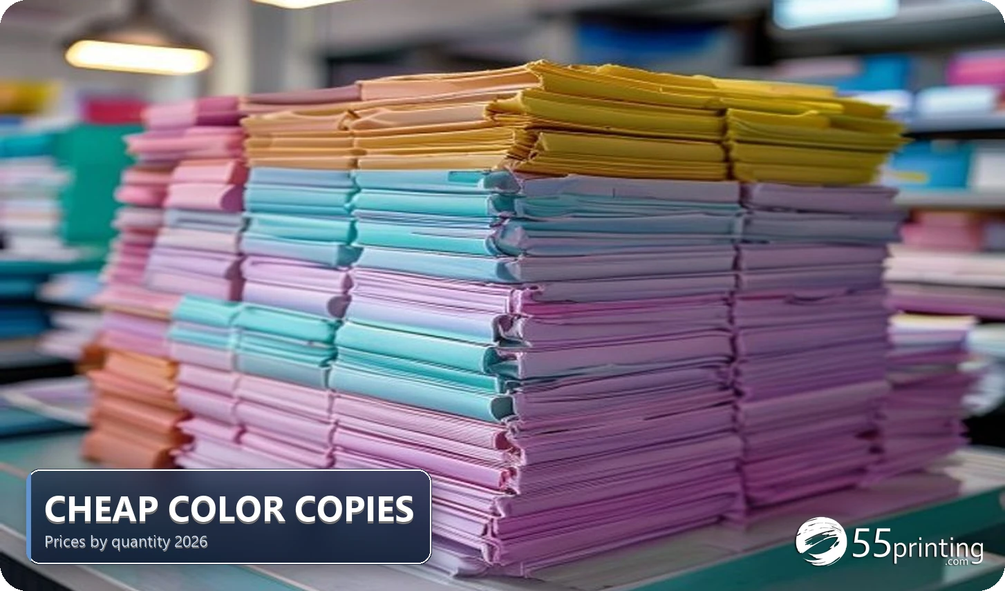 Stacks of letter-size color copy documents ready for office and school use